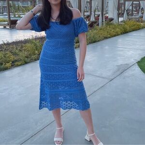 Aqua Blue Lace Off-Shoulder Midi Dress